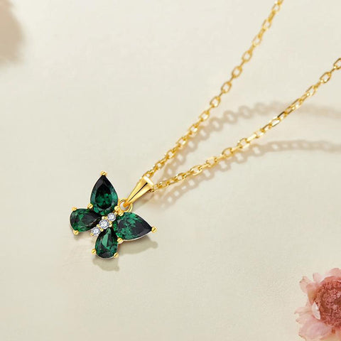 S925 Sterling Silver Emerald Green Zircon Butterfly Pendant Necklace in 18K Gold Plated AL1312