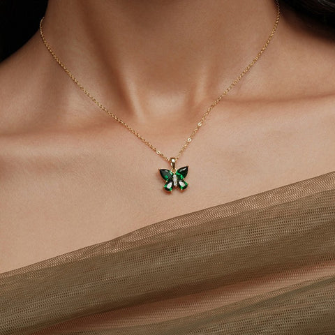 S925 Sterling Silver Emerald Green Zircon Butterfly Pendant Necklace in 18K Gold Plated AL1312