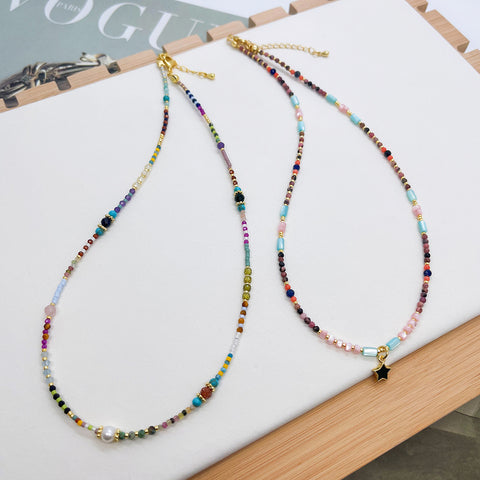 Bohemian Rainbow Natural Stones & Miyuki Beads Freshwater Pearl Necklace, Handmade Boho Summer Jewelry AL1318