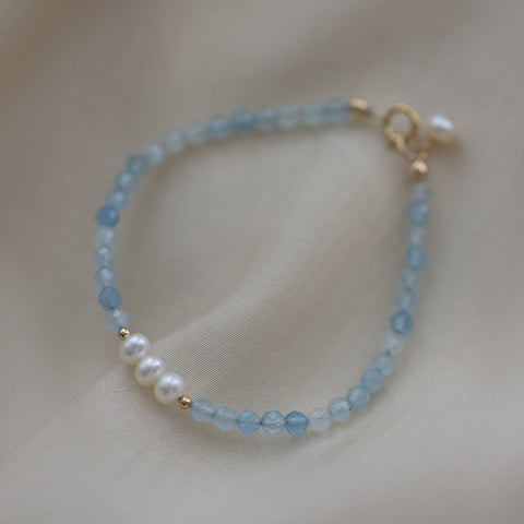 Natural Freshwater Pearl & Aquamarine Faceted Beads Bracelet AL1321