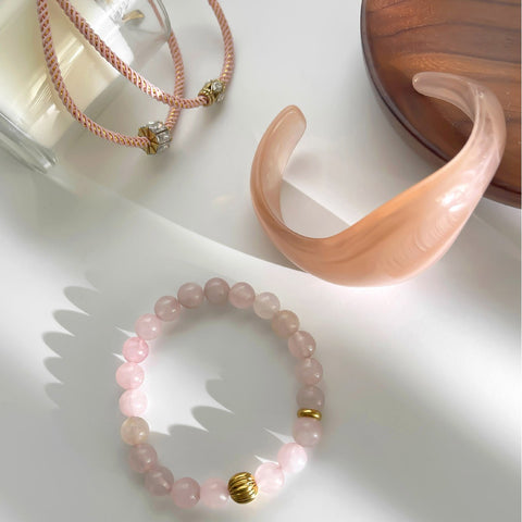 Pink Irregular Resin Cuff, Rose Quartz Beads Bracelet, CZ Rope Bracelet, Stainless Steel Boho Summer Jewelry AL1327