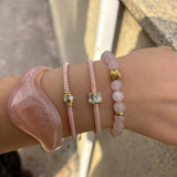 Pink Irregular Resin Cuff, Rose Quartz Beads Bracelet, CZ Rope Bracelet, Stainless Steel Boho Summer Jewelry AL1327