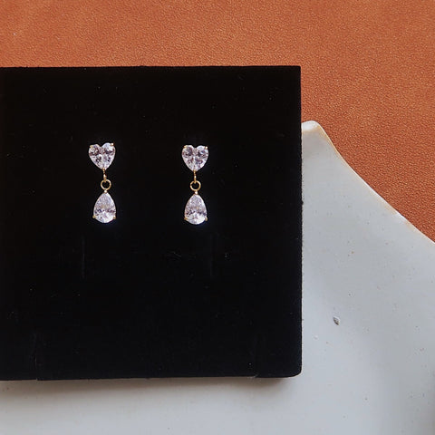 Dainty CZ Heart Drop Stud Earrings, Stainless Steel Dangle Studs, Summer Jewelry AL1329