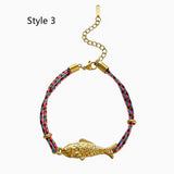 Stainless Steel Gold Plated Fish Charm Colorful Cord Bracelet, Tarnish Resistant, Adjustable, Cute Summer Gift AL1330