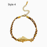 Stainless Steel Gold Plated Fish Charm Colorful Cord Bracelet, Tarnish Resistant, Adjustable, Cute Summer Gift AL1330