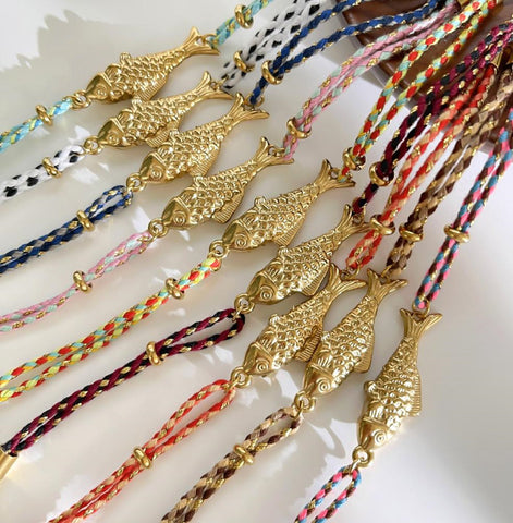 Stainless Steel Gold Plated Fish Charm Colorful Cord Bracelet, Tarnish Resistant, Adjustable, Cute Summer Gift AL1330