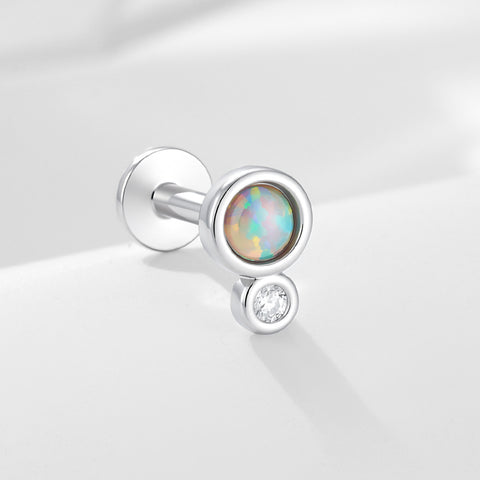 1 Pcs S925 Sterling Silver Opal Flat-Back Piercing Jewelry – Threaded Cartilage Stud for Men and Women, Diamond Dainty Earring AL1333