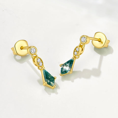 S925 Sterling Silver Moss Agate Rhombus Drop Earrings, Dainty CZ Dangle Studs, Gold Plated Jewelry AL1336