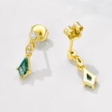 S925 Sterling Silver Moss Agate Rhombus Drop Earrings, Dainty CZ Dangle Studs, Gold Plated Jewelry AL1336