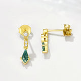 S925 Sterling Silver Moss Agate Rhombus Drop Earrings, Dainty CZ Dangle Studs, Gold Plated Jewelry AL1336