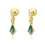 S925 Sterling Silver Moss Agate Rhombus Drop Earrings, Dainty CZ Dangle Studs, Gold Plated Jewelry AL1336