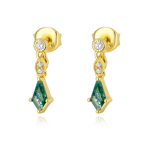 S925 Sterling Silver Moss Agate Rhombus Drop Earrings, Dainty CZ Dangle Studs, Gold Plated Jewelry AL1336