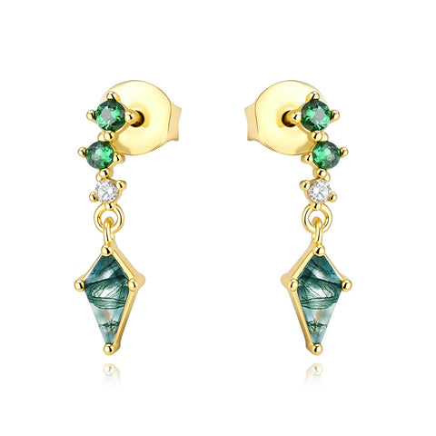 S925 Silver Moss Agate & Green CZ Drop Earrings, Geometric Rhombus Dangle Studs, Gold Plated Jewelry AL1337