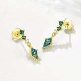 S925 Silver Moss Agate & Green CZ Drop Earrings, Geometric Rhombus Dangle Studs, Gold Plated Jewelry AL1337