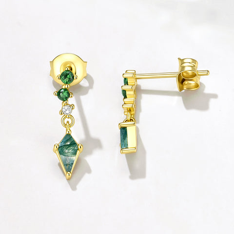 S925 Silver Moss Agate & Green CZ Drop Earrings, Geometric Rhombus Dangle Studs, Gold Plated Jewelry AL1337