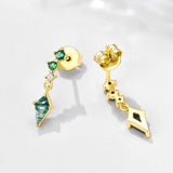 S925 Silver Moss Agate & Green CZ Drop Earrings, Geometric Rhombus Dangle Studs, Gold Plated Jewelry AL1337
