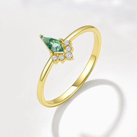 Natural Moss Agate Ring, Gold Plated 925 Silver, Dainty CZ Pave, Geometric Jewelry Gift AL1339