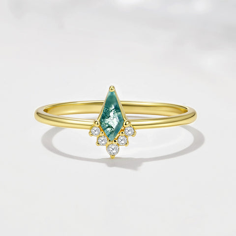 Natural Moss Agate Ring, Gold Plated 925 Silver, Dainty CZ Pave, Geometric Jewelry Gift AL1339