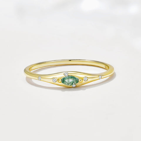 Marquise Moss Agate Gold Plated Ring, 925 Sterling Silver CZ Pave, Dainty Jewelry Gift for Her AL1340