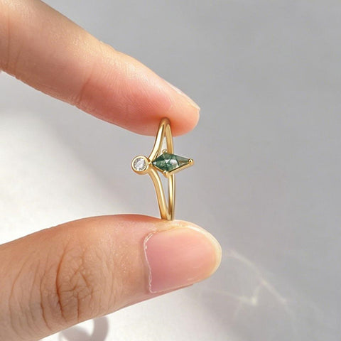 Diamond Shape Moss Agate Gold Plated Ring, 925 Silver CZ Pave, Faceted Birthstone Jewelry Gift AL1341
