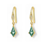 S925 Silver Moss Agate Rhombus Charm Drop Earrings, Gold Plated CZ Pave, Dainty Jewelry Gift For Her AL1342