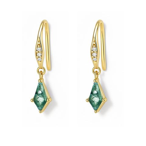 S925 Silver Moss Agate Rhombus Charm Drop Earrings, Gold Plated CZ Pave, Dainty Jewelry Gift For Her AL1342