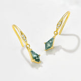 S925 Silver Moss Agate Rhombus Charm Drop Earrings, Gold Plated CZ Pave, Dainty Jewelry Gift For Her AL1342