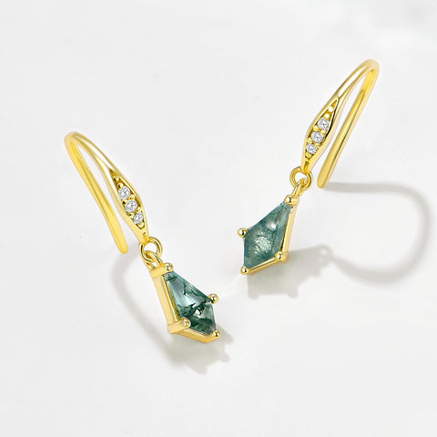 S925 Silver Moss Agate Rhombus Charm Drop Earrings, Gold Plated CZ Pave, Dainty Jewelry Gift For Her AL1342