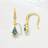 S925 Silver Moss Agate Rhombus Charm Drop Earrings, Gold Plated CZ Pave, Dainty Jewelry Gift For Her AL1342
