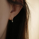 Small Cross Dangle CZ Hoop Earrings, S925 Sterling Silver with 14K Gold Plated Ear Cuff AL1343