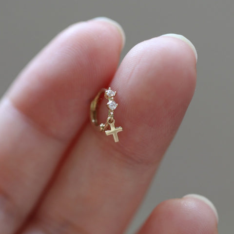 Small Cross Dangle CZ Hoop Earrings, S925 Sterling Silver with 14K Gold Plated Ear Cuff AL1343
