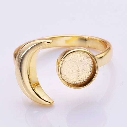 Adjustable Gold Plated Brass Open Ring Setting, Moon Leaf Prong Ring, Making Jewelry Findings AL1345