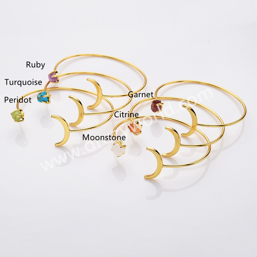 Gold Plated Raw Birthstone Star Moon Open Bracelet, Adjustable Gemstone Cuff, Fashion Jewelry AL727