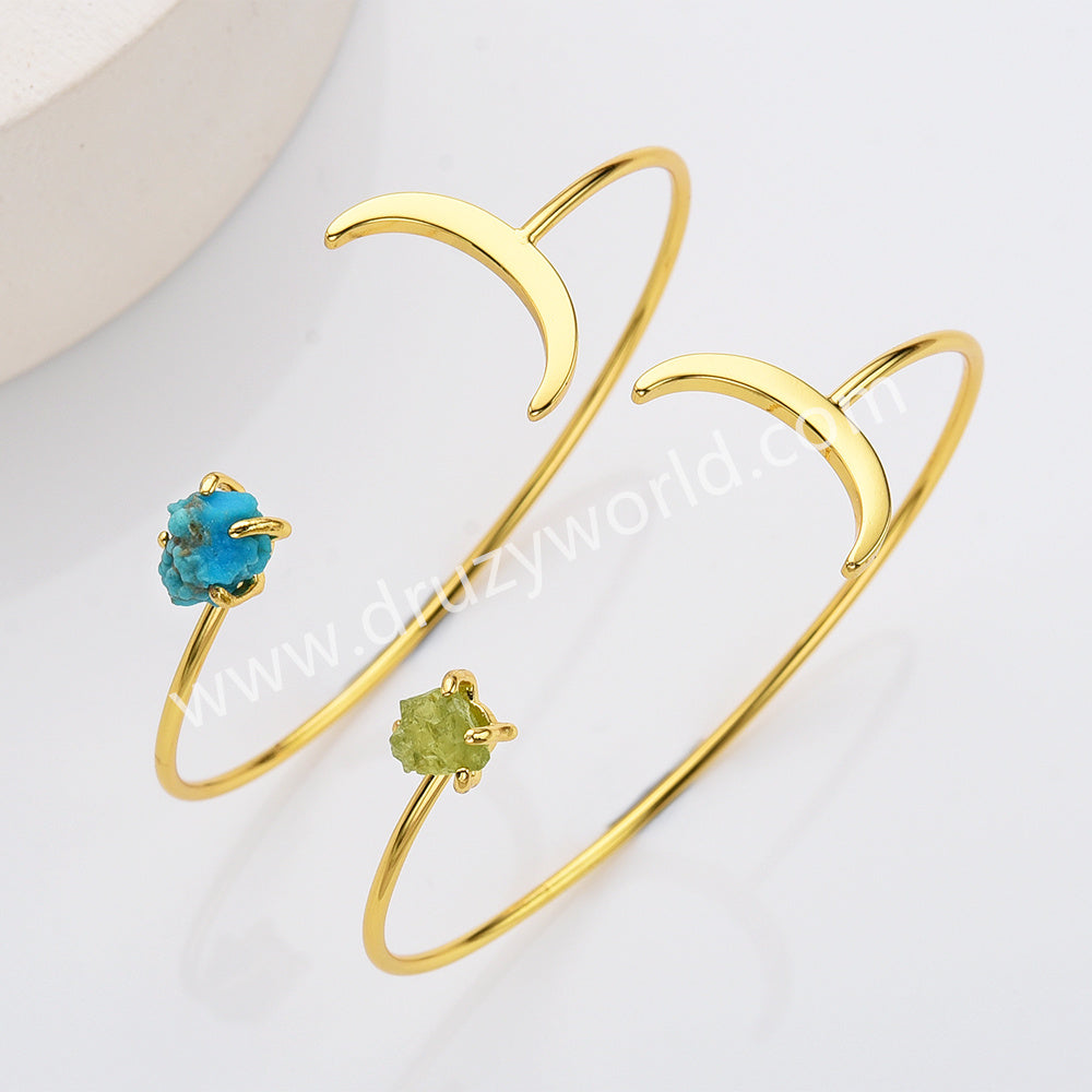 Gold Plated Raw Birthstone Star Moon Open Bracelet, Adjustable Gemstone Cuff, Fashion Jewelry AL727