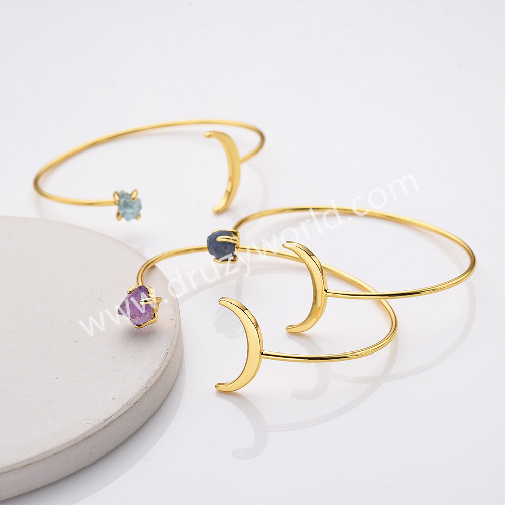 Gold Plated Raw Birthstone Star Moon Open Bracelet, Adjustable Gemstone Cuff, Fashion Jewelry AL727