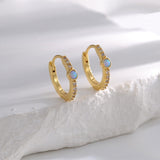 Skinny Gold Plated Brass Round Blue Opal Earrings, CZ Micro Pave Hoop Earring Jewelry AL752