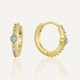 Skinny Gold Plated Brass Round Blue Opal Earrings, CZ Micro Pave Hoop Earring Jewelry AL752