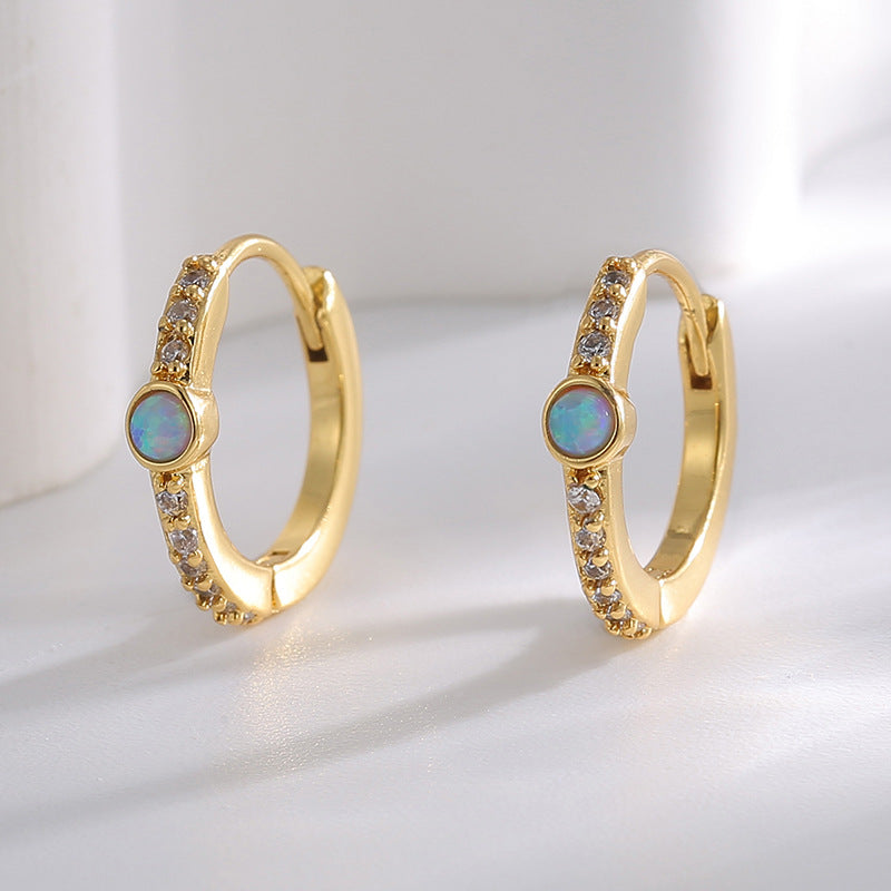Skinny Blue Opal CZ Micro Pave Earrings, 18k Gold Plated Brass Hoop Earring Jewelry AL752