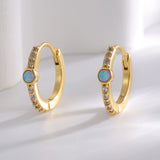 Skinny Gold Plated Brass Round Blue Opal Earrings, CZ Micro Pave Hoop Earring Jewelry AL752