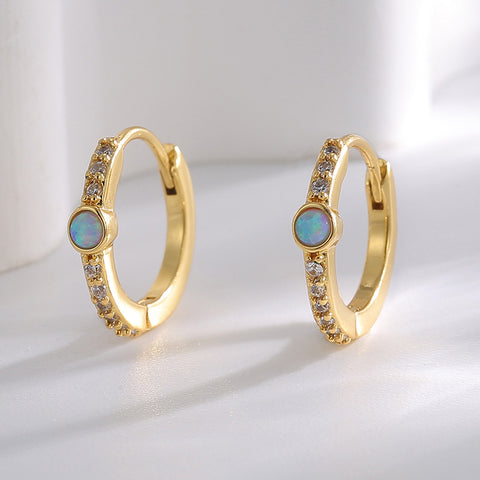 Skinny Gold Plated Brass Round Blue Opal Earrings, CZ Micro Pave Hoop Earring Jewelry AL752