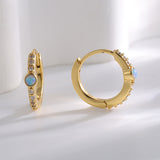 Skinny Gold Plated Brass Round Blue Opal Earrings, CZ Micro Pave Hoop Earring Jewelry AL752