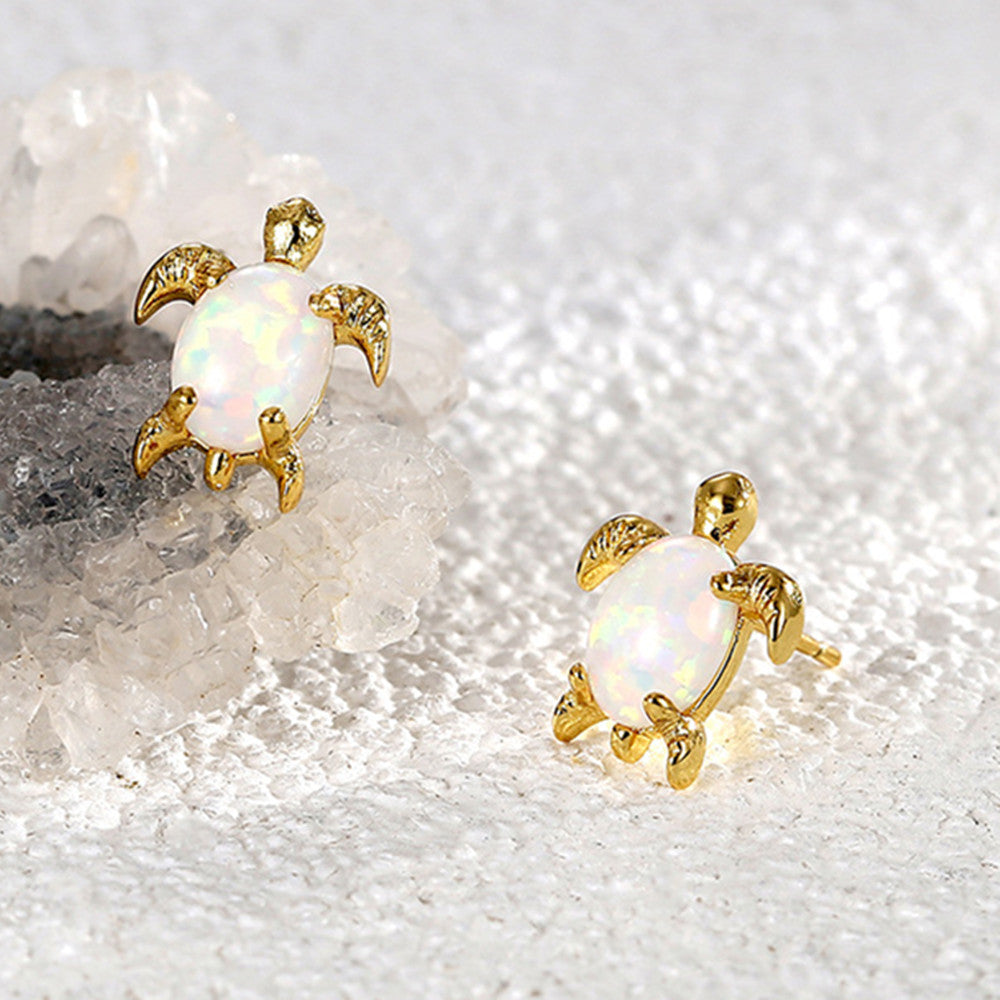 Gold Plated Brass Oval White Opal Turtle Stud Earrings AL754