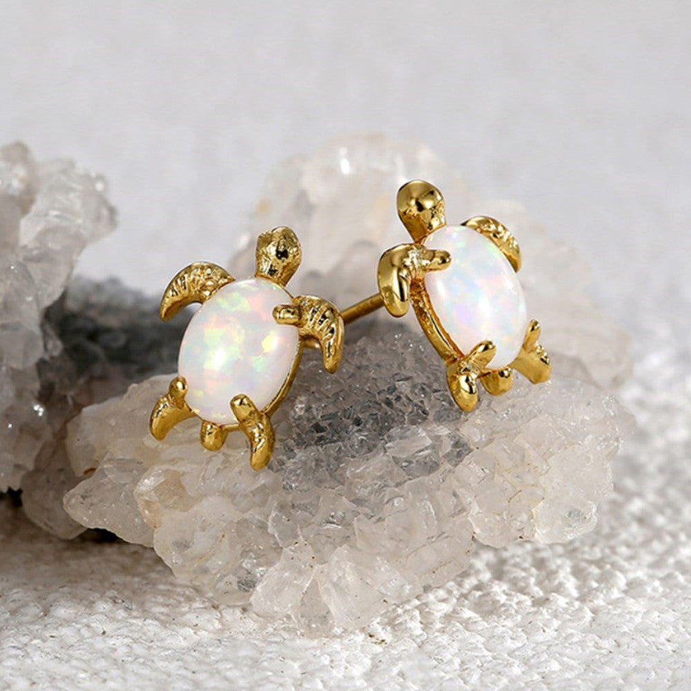 Cute Gold Plated Brass Oval White Opal Turtle Stud Earrings AL754