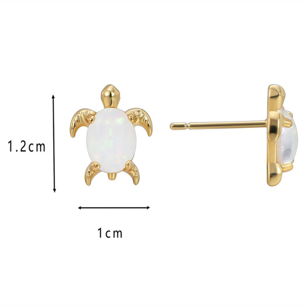 Cute Gold Plated Brass Oval White Opal Turtle Stud Earrings AL754