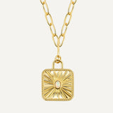 18” Gold Plated Brass Square Sun Light White Opal Pendant Necklace, Opal Fashion Jewelry AL755