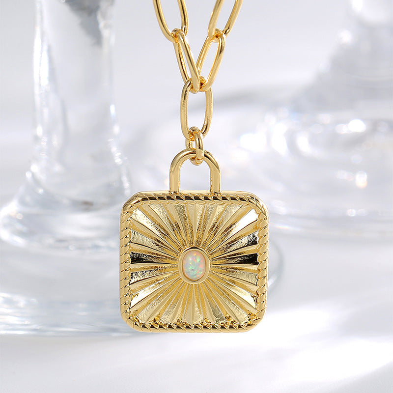 18” Gold Plated Brass Square Sun Light White Opal Pendant Necklace, Opal Fashion Jewelry AL755