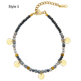 Gold Coin Blue Howlite Stones Beaded Bracelet, Titanium Steel Handmade Boho Jewelry AL756