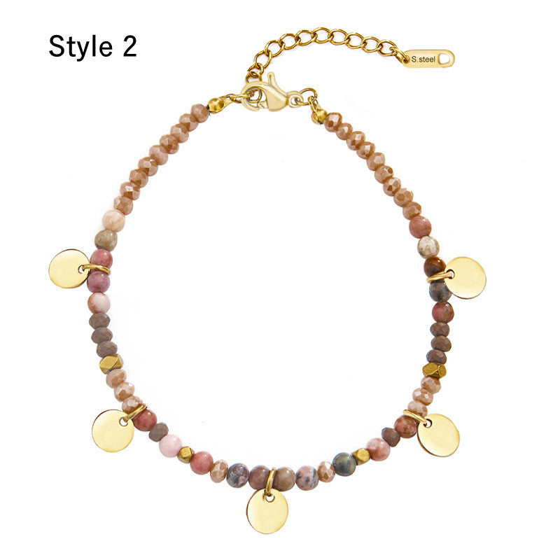 Gold Coin Natural Stones Beaded Bracelet, Titanium Stainless Steel Boho Jewelry AL756