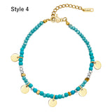 Gold Coin Blue Howlite Stones Beaded Bracelet, Titanium Steel Handmade Boho Jewelry AL756