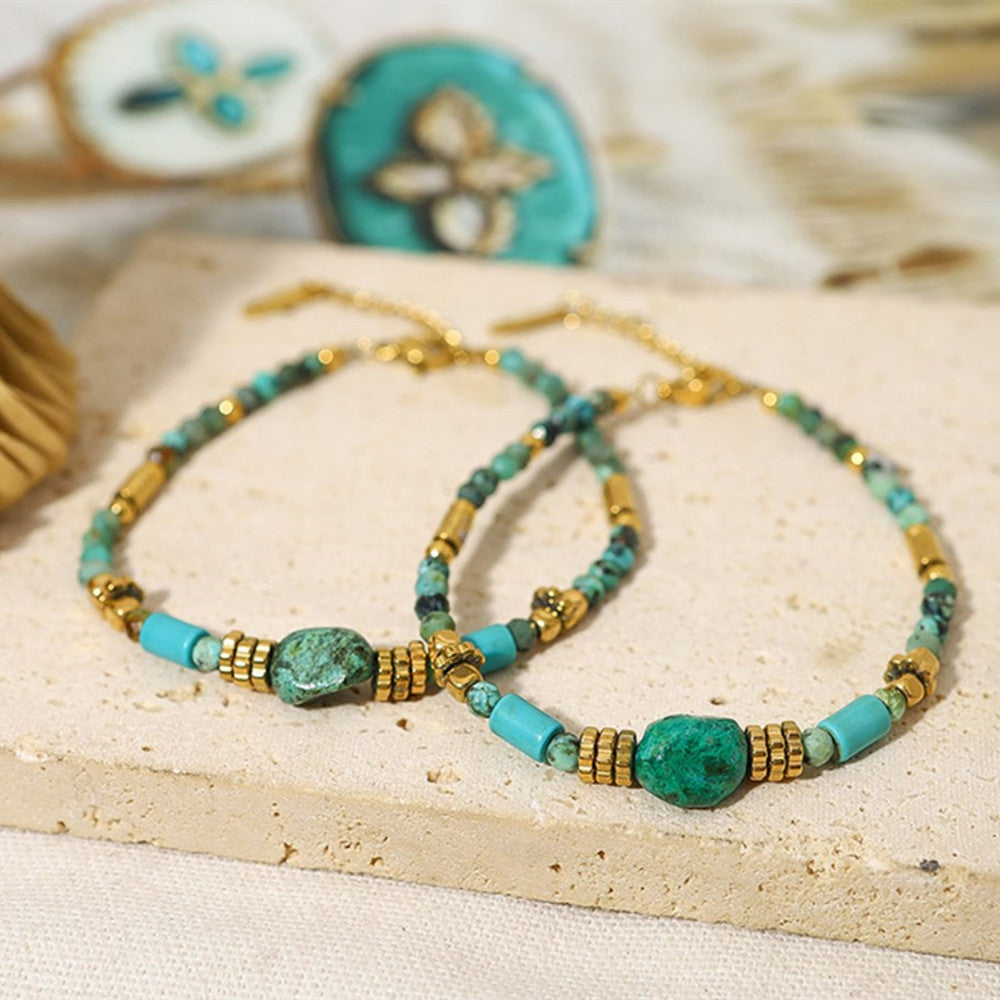Bohemian Gold Titanium Steel Natural Turquoise, African Turquoise Beads Bracelet, Handmade Boho Jewelry AL758